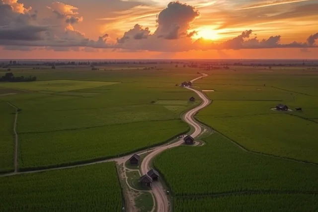 Rice fields in Buriram at golden sunset