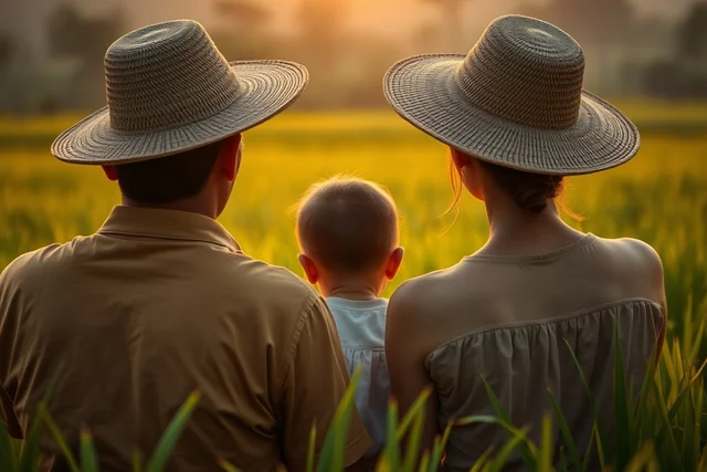 Family sitting in rice fields at sunset