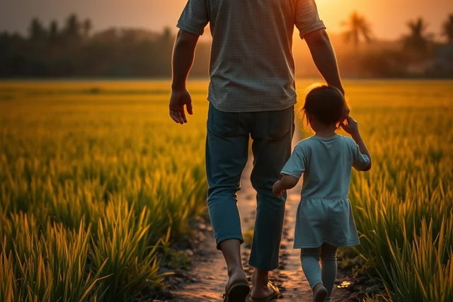 Father and daughter walking through rice fields