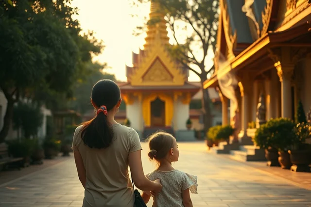 Mother and daughter in a Thai temple courtyard
